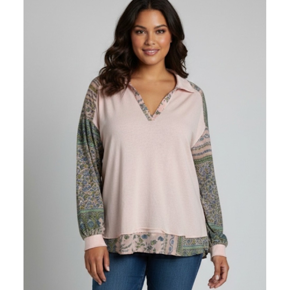 Umgee Blouse Womens Large Pink Floral‎ Boho V Neck Long Sleeve Tunic Top